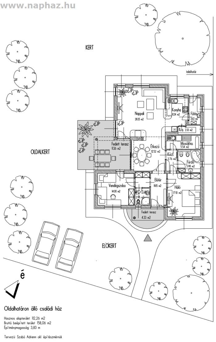 Oldalhatáron álló, földszintes családi ház, nappali, étkező + 2 hálószoba, 112,26 m²