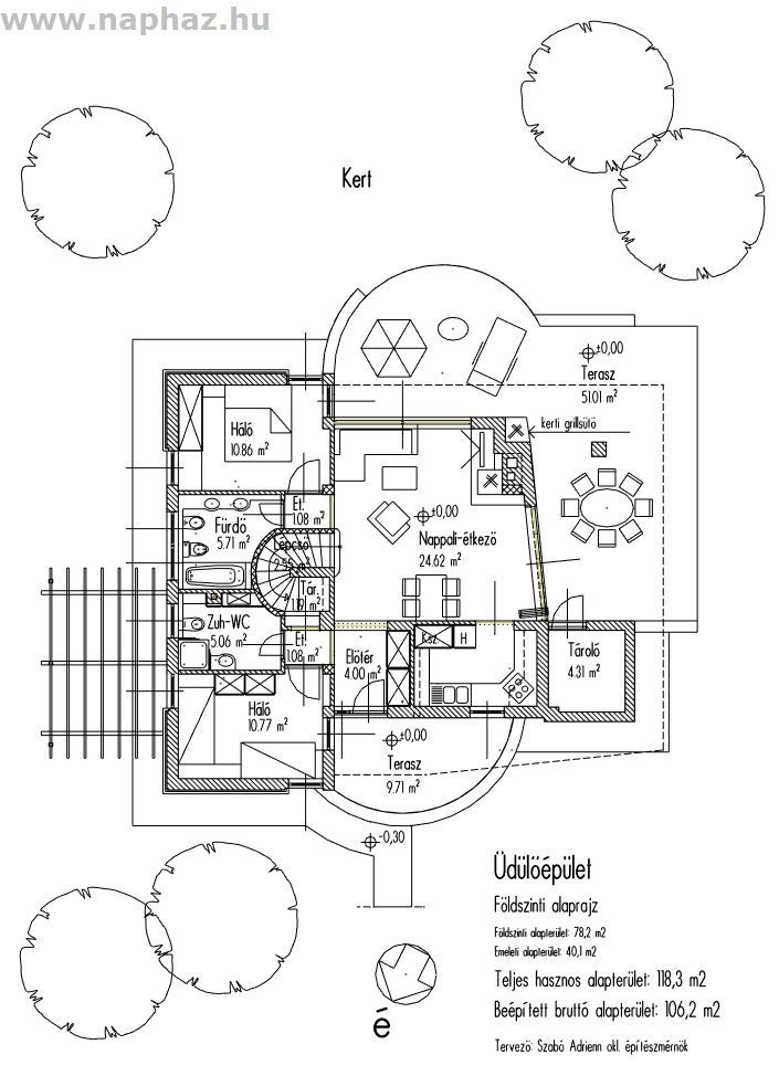 Földszint + részben emeletes üdülőépület, 118 m². A földszinten nappali-étkező + 2 hálószoba, az emeleten 2 hálószoba