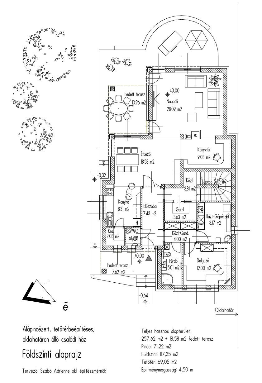 Alápincézett, tetőtérbeépítéses családi ház dupla garázzsal. A földszinten nappali, étkező, dolgozószoba, a tetőtérben 3 hálószoba - 257,62 m²