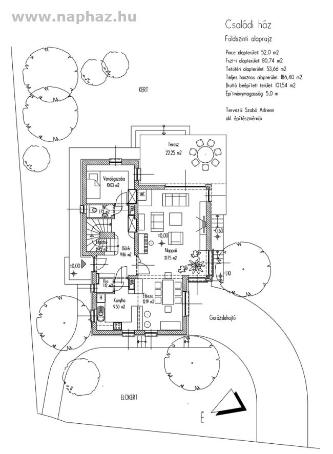Tetőtérbeépítéses családi ház pincével, garázzsal, nappali, étkező + 4 szoba, 186,40 m²