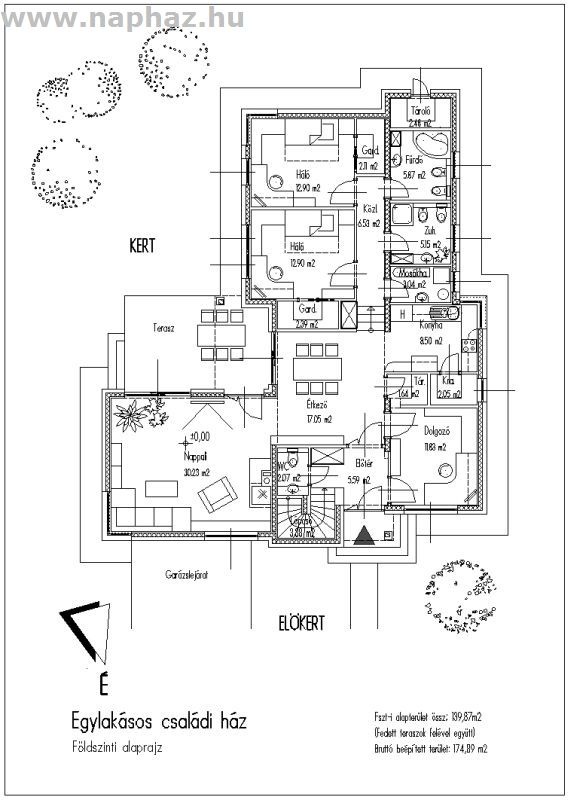 Alápincézett, földszintes családi ház, nappali . étkező, dolgozó + 2 hálószoba. Földszinti alapterület 139,87 m²
